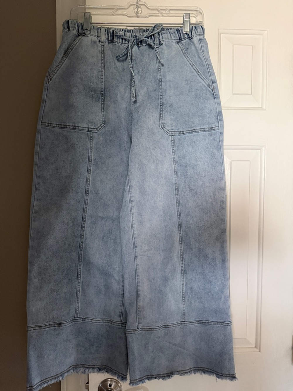 Beau Blue Drawstring Seam Detail Raw Hem Wide Leg Jeans - Light Wash